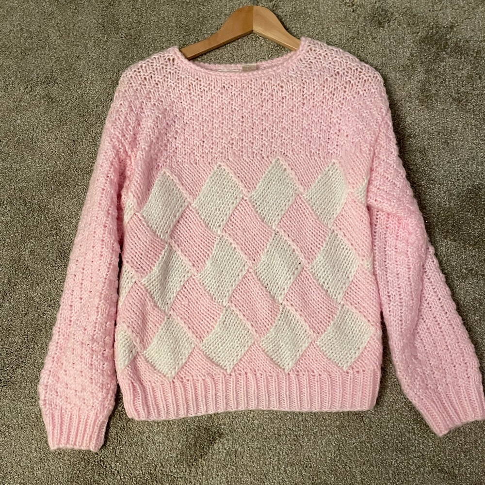 Forindi Vintage 80’s Soft Pink and Cream Diamond Sweater Size M Lightweight - Picture 1 of 7